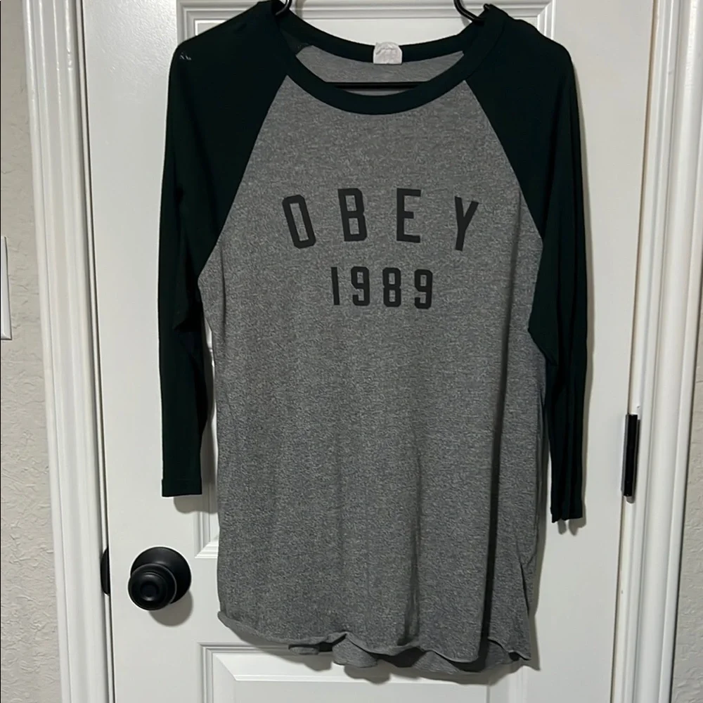 Obey Gray and Forest Green 3/4 Sleeve Raglan Shirt - Picture 2 of 2